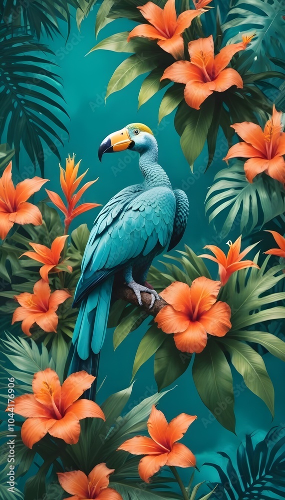 Tropical exotic pattern with animal and flowers in bright colors and lush vegetation Tropical exotic pattern with animal and flowers in bright colors and lush vegetation