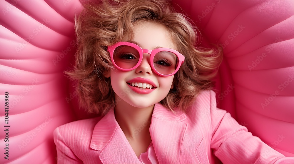 A young woman wearing pink sunglasses and a pink blazer smiles while lying in a pink inflatable chair. A young woman wearing pink sunglasses and a pink blazer smiles while lying in a pink inflatable chair.