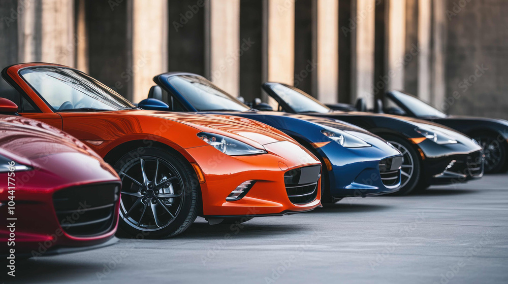 A vibrant lineup of stylish convertible cars parked together, showcasing a variety of colors and sleek designs against a modern backdrop. A vibrant lineup of stylish convertible cars parked together, showcasing a variety of colors and sleek designs against a modern backdrop.