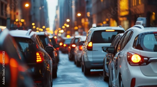 A busy urban street scene at dusk, filled with cars and streetlights, indicating traffic congestion in a city environment.