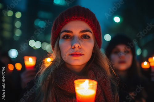 A group of people holding candles in a vigil for democracy. photo