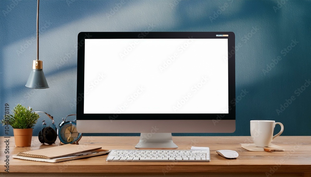 Modern computer with a blank screen on a wooden desk, indoor office setup, concept of a design workspace. 3D Rendering