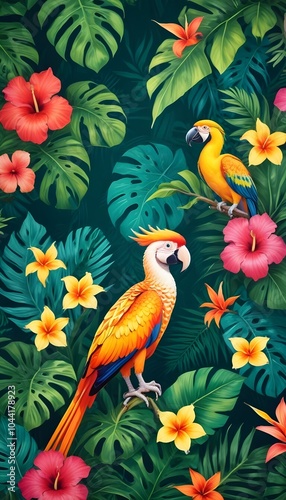 Tropical exotic pattern with animal and flowers in bright colors and lush vegetation