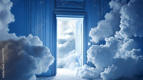 A light blue room with a doorway to a sky filled with white fluffy clouds. photo