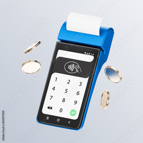 3d icon of pos terminal with coins and credit card. 3d illustration for finance and banking on white background. simple 3d rendering of payment terminal with money on platform
