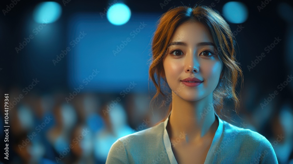Obraz premium Confident Asian Woman in Professional Setting with Blurred Audience Background