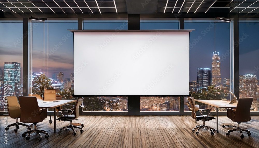 Modern office interior with wooden elements, rolling chairs, and a blank projector screen on cityscape background, concept of business meetings. 3D Rendering Modern office interior with wooden elements, rolling chairs, and a blank projector screen on cityscape background, concept of business meetings. 3D Rendering