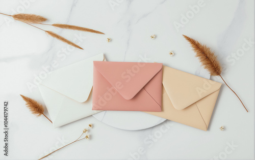 Mediterranean wedding stationery. Craft envelope, vintage silver plate. Dappled light. Olive tree branches, fruit. Beige marble background, floor. Summer holiday design, birthday mock-up. Flatlay, top