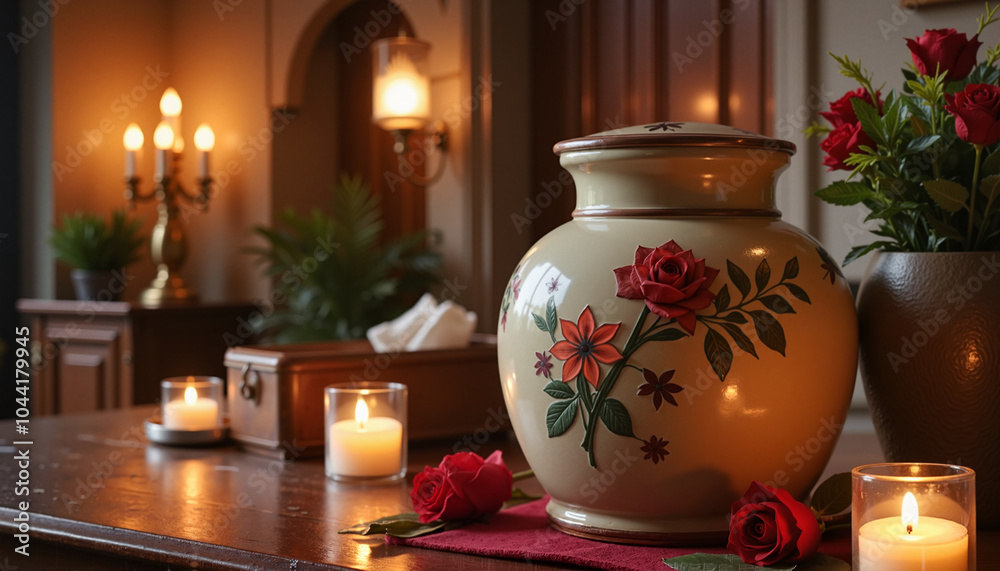 Decorative urn with roses in candlelit room Decorative urn with roses in candlelit room