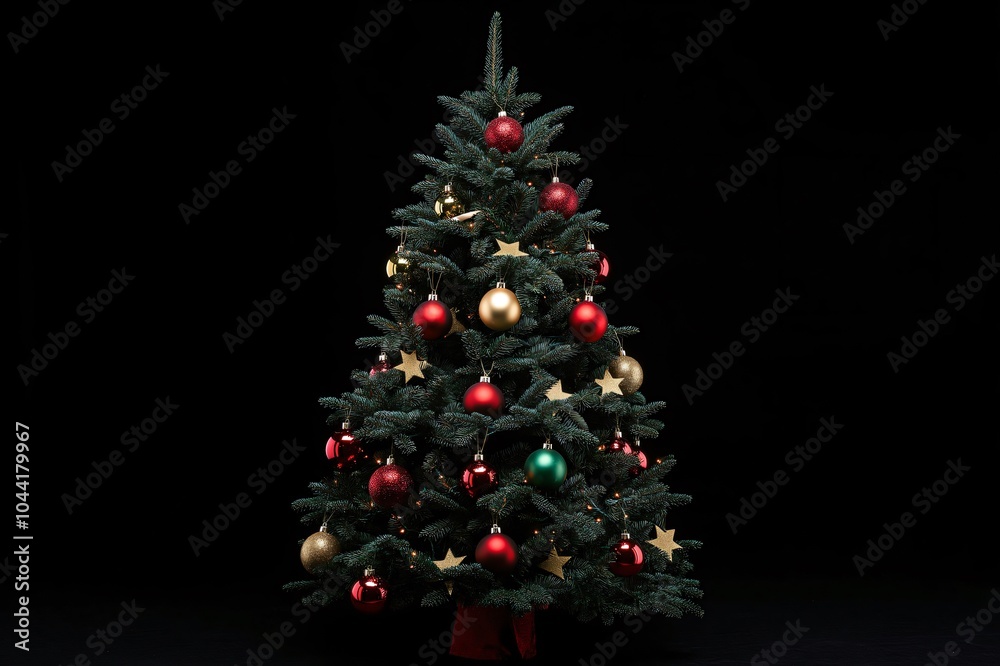 Christmas tree is standing in front of a black background, decorated with sparkling red and gold ornaments Christmas tree is standing in front of a black background, decorated with sparkling red and gold ornaments