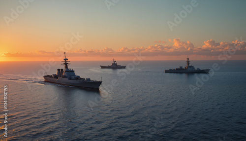 Naval ships sailing at sunset on calm ocean