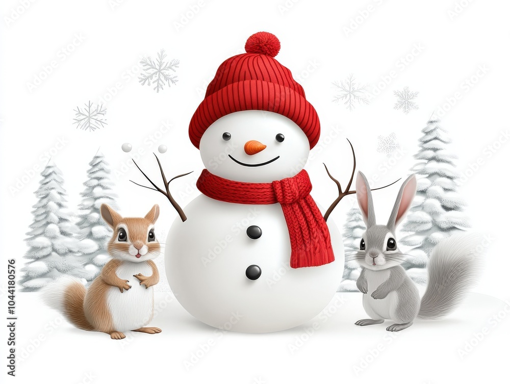 Fototapeta premium Cheerful Snowman with Red Hat Surrounded by Winter Wildlife and Snowy Trees