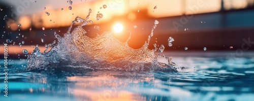 Water aerobics, dynamic action, vibrant colors, pool setting, energetic photo