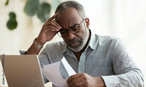 Older man with serious expression reading document sitting at desk with laptop, dealing with important paperwork, managing finances or health-related issues, learn written information looks concerned