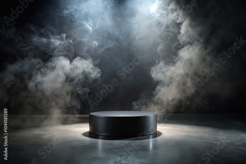 Dramatic Black Podium with Dark Smoke Background for Product Photography Showcase