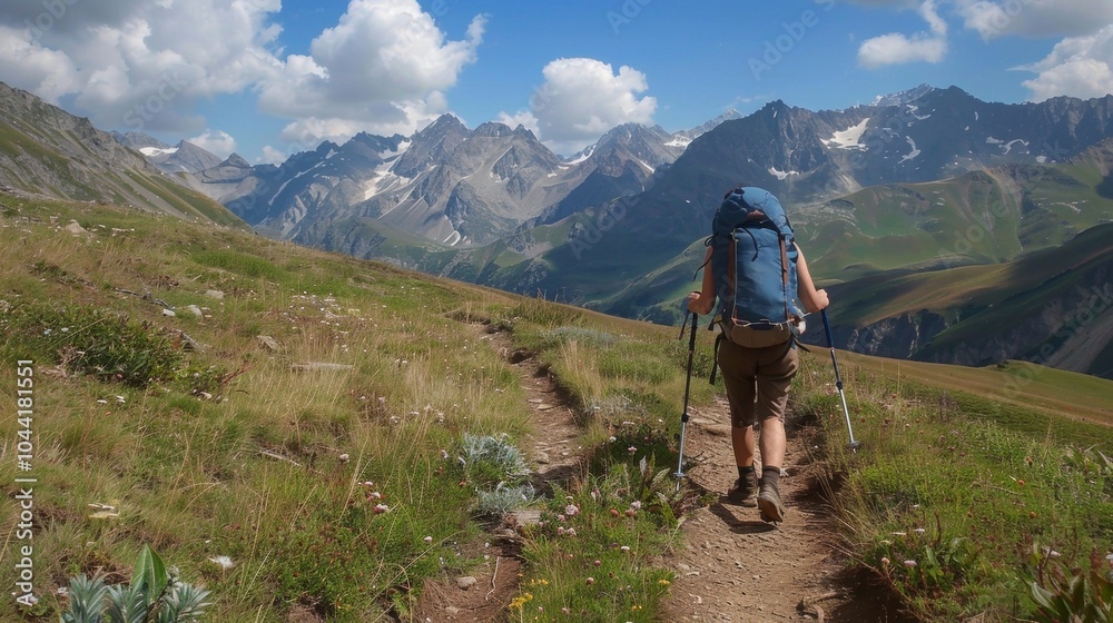 Obraz premium A lone hiker treks along a narrow path back facing the camera as they conquer the steep terrain of a stunning mountain range. . .