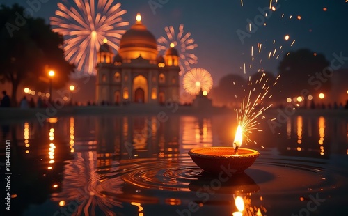 Diwali celebration fireworks illustration, dewali fireworks, night view of Hindu Temple 
 photo