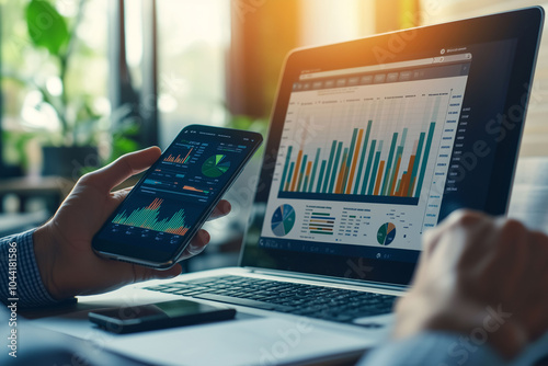 Arbeit am Smartphone und Laptoop von Zuhause und im Büro, Synchronisation von Daten zwischen Laptop und Smartphone, Surfen, Shoppen und Bankgeschäfte online tätigen
