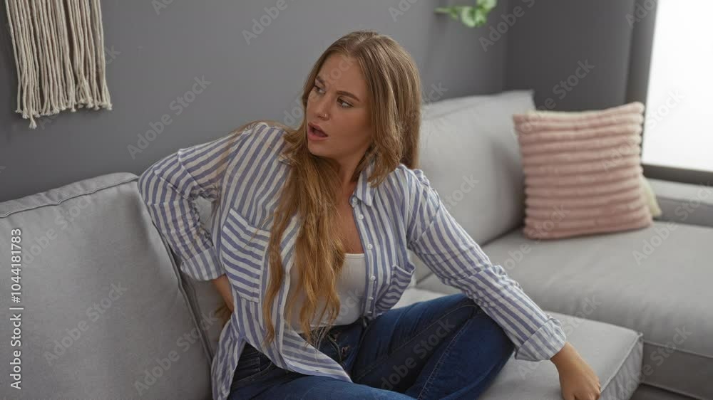 Young woman with back pain sitting on a sofa in a living room, looking uncomfortable, wearing a striped shirt and jeans, indoors at home during the daytime. Young woman with back pain sitting on a sofa in a living room, looking uncomfortable, wearing a striped shirt and jeans, indoors at home during the daytime.