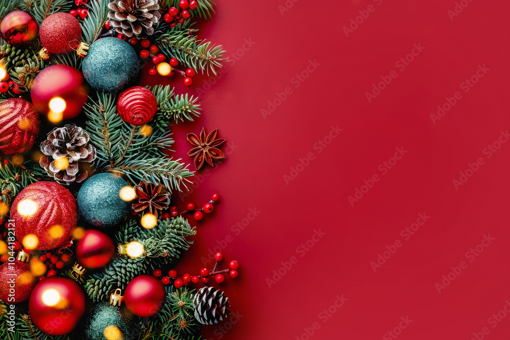 Christmas decorations featuring red and green ornaments on bright red background Christmas decorations featuring red and green ornaments on bright red background