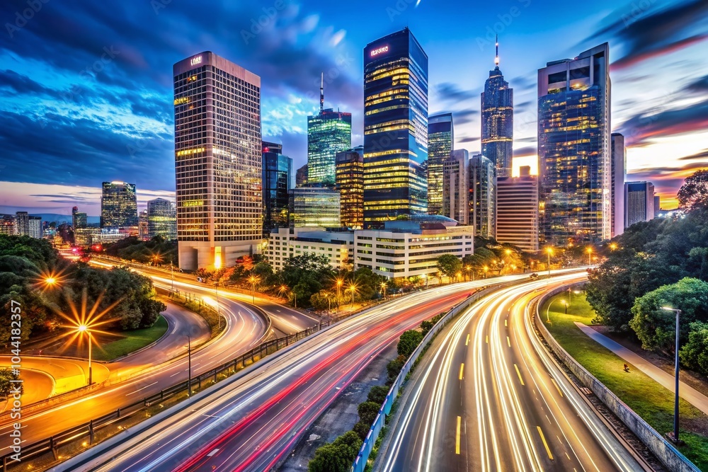 Fototapeta premium Dynamic Long Exposure Business Cityscape at Night with Light Trails for SEO Optimization