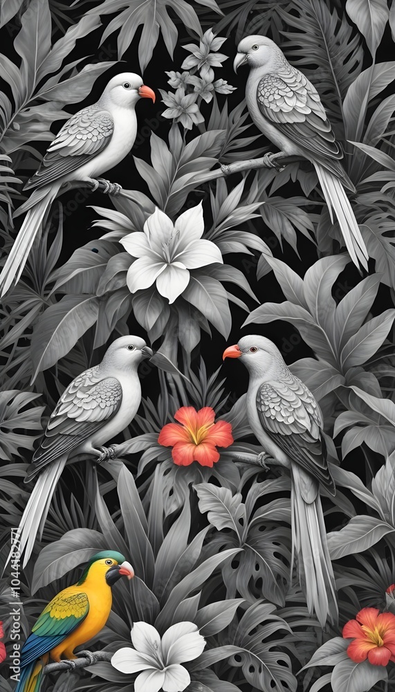 Tropical exotic pattern with animal and flowers in bright colors and lush vegetation Tropical exotic pattern with animal and flowers in bright colors and lush vegetation