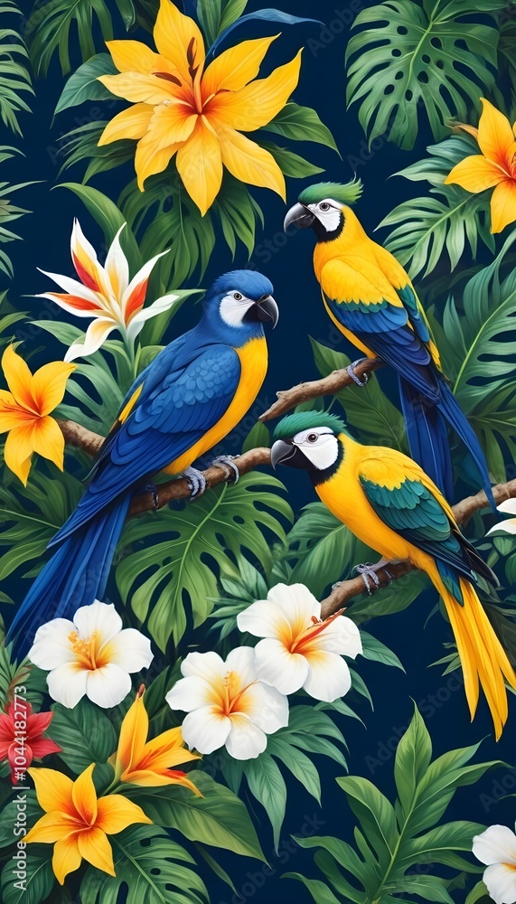 Tropical exotic pattern with animal and flowers in bright colors and lush vegetation Tropical exotic pattern with animal and flowers in bright colors and lush vegetation