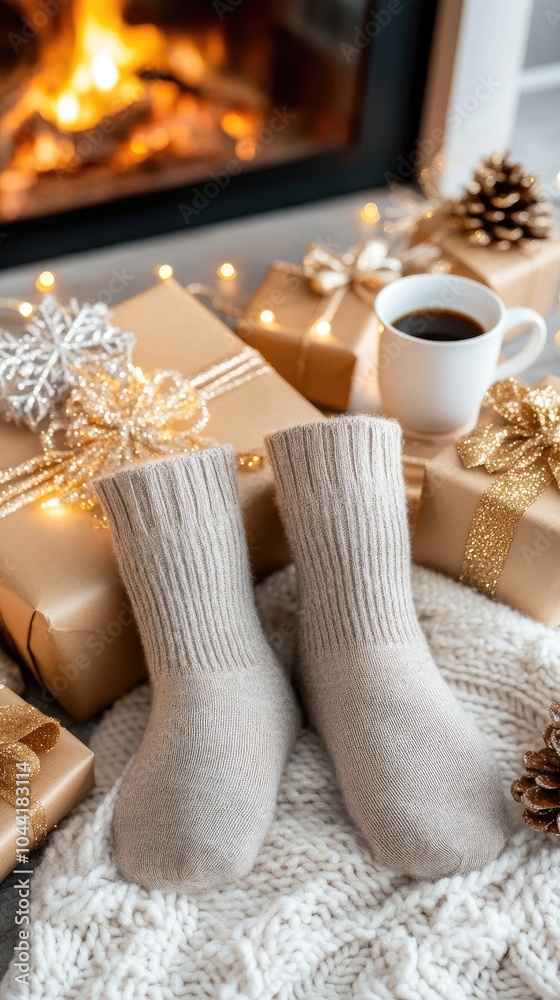 Womans feet in woolen socks rest on a table beside a warm drink and open book, creating a cozy atmosphere during winter Womans feet in woolen socks rest on a table beside a warm drink and open book, creating a cozy atmosphere during winter