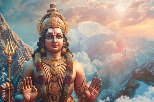 Lord Murugan posing in front of a majestic snowy mountain range landscape, holding his weapon, a trident photo