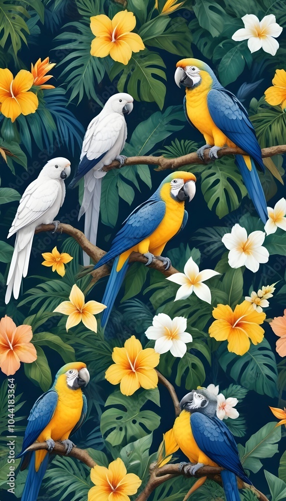 Tropical exotic pattern with animal and flowers in bright colors and lush vegetation Tropical exotic pattern with animal and flowers in bright colors and lush vegetation