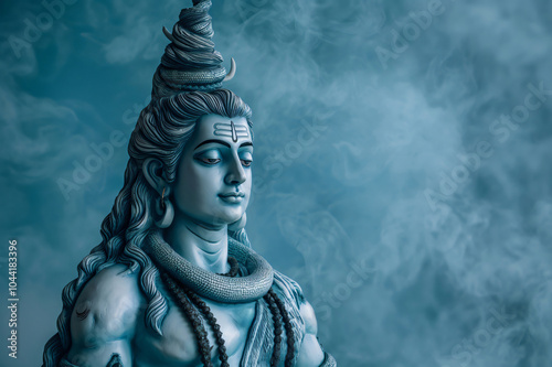 Serene lord Shiva statue posing on a smoky background, representing spirituality and divinity in Hinduism