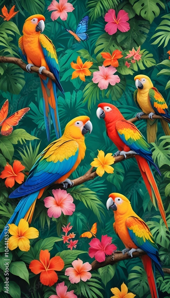 Tropical exotic pattern with animal and flowers in bright colors and lush vegetation Tropical exotic pattern with animal and flowers in bright colors and lush vegetation
