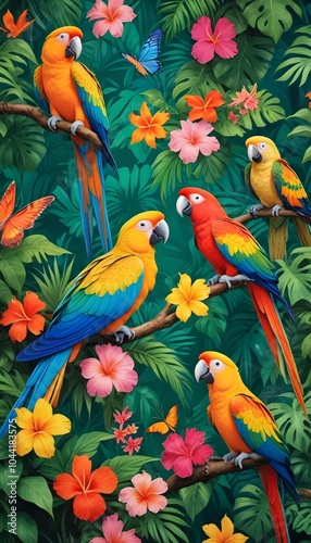 Tropical exotic pattern with animal and flowers in bright colors and lush vegetation