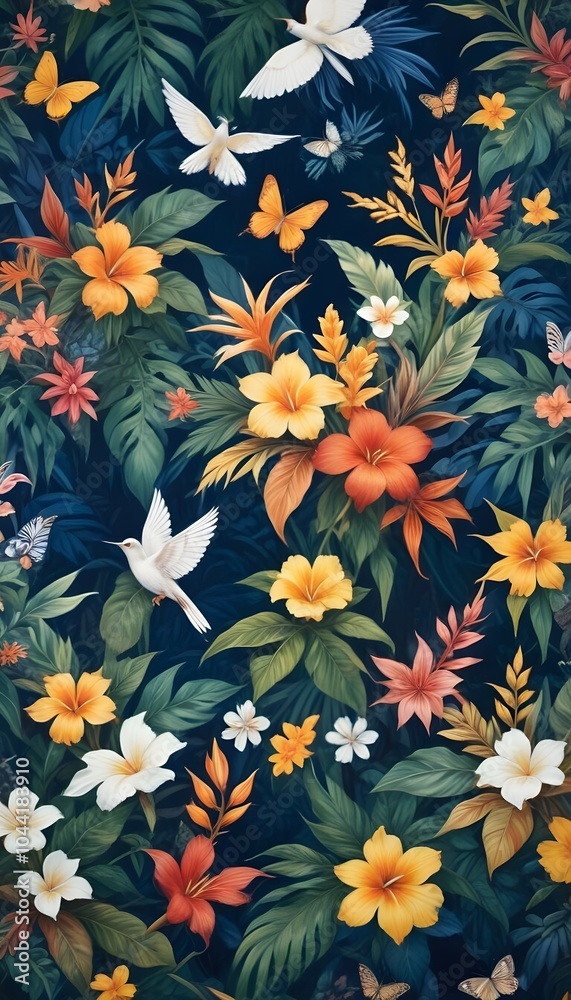 Tropical exotic pattern with animal and flowers in bright colors and lush vegetation Tropical exotic pattern with animal and flowers in bright colors and lush vegetation