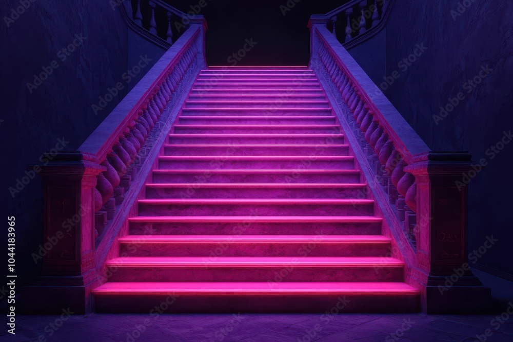 Fototapeta premium A staircase illuminated with vibrant pink lighting, creating a dramatic and atmospheric effect in a dark setting.