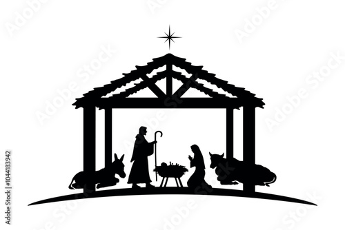 Christmas Nativity scene background. Black silhouettes isolated on white. Vector illustration.