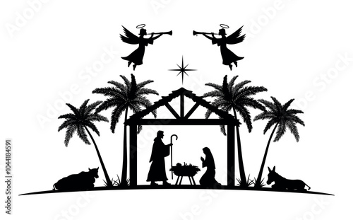 Christmas Nativity scene background. Black silhouettes isolated on white. Vector illustration.