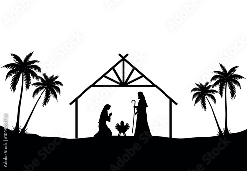 Christmas Nativity scene background. Black silhouettes isolated on white. Vector illustration.