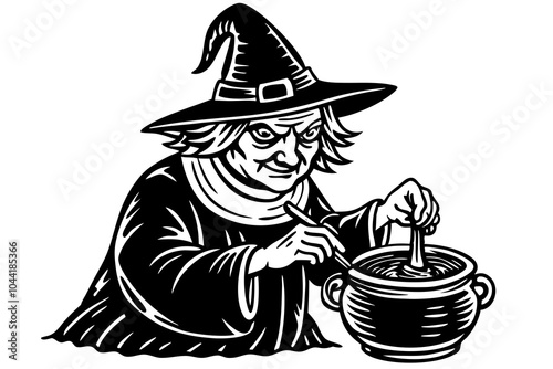 Illustration of Cartoon old witch preparing a potion