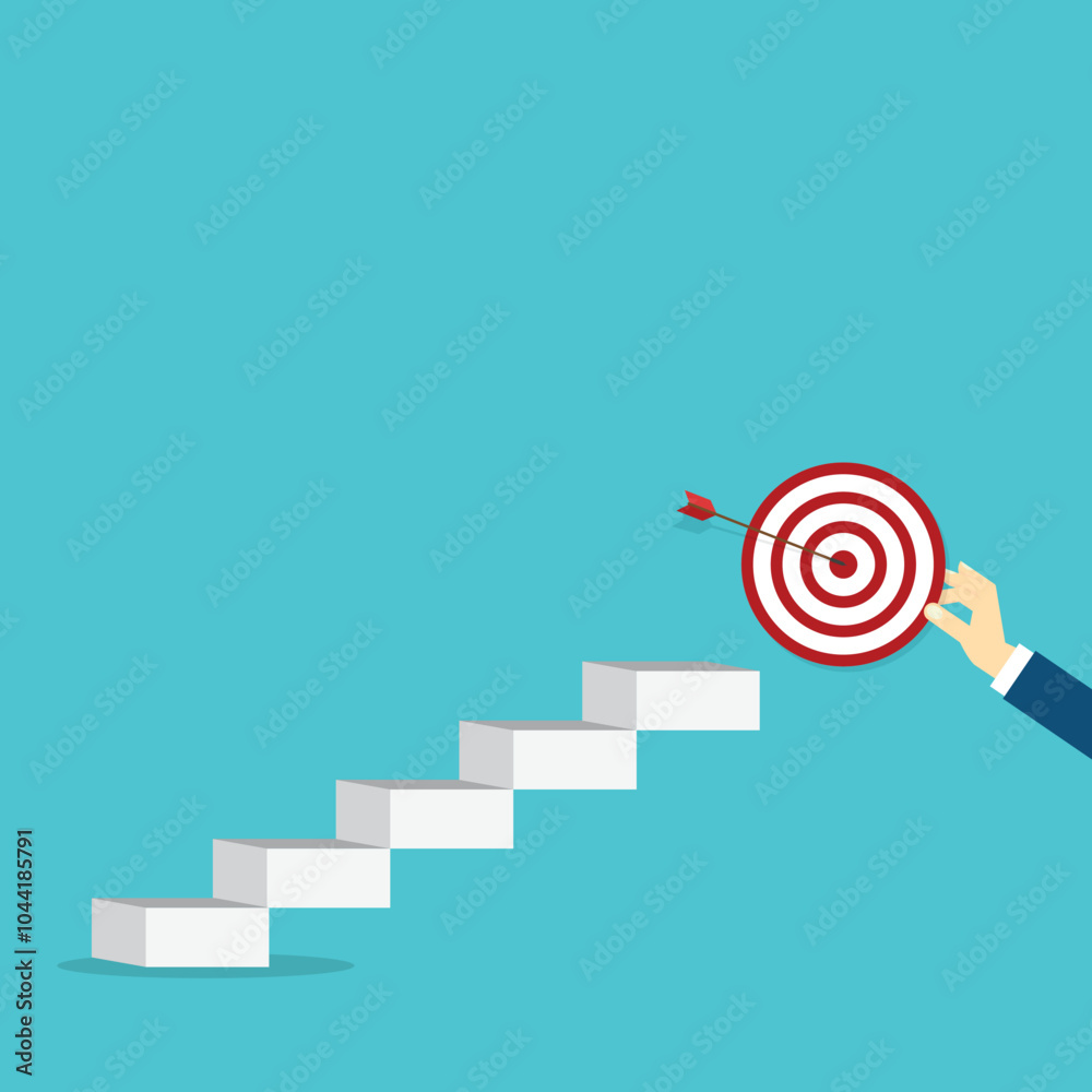 © madedee - Goal, motivation to success. Business improvement concept. Climb up stairs to reach goal target on the top.