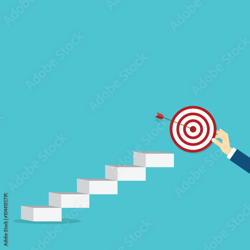 Goal, motivation to success. Business improvement concept. Climb up stairs to reach goal target on the top.	