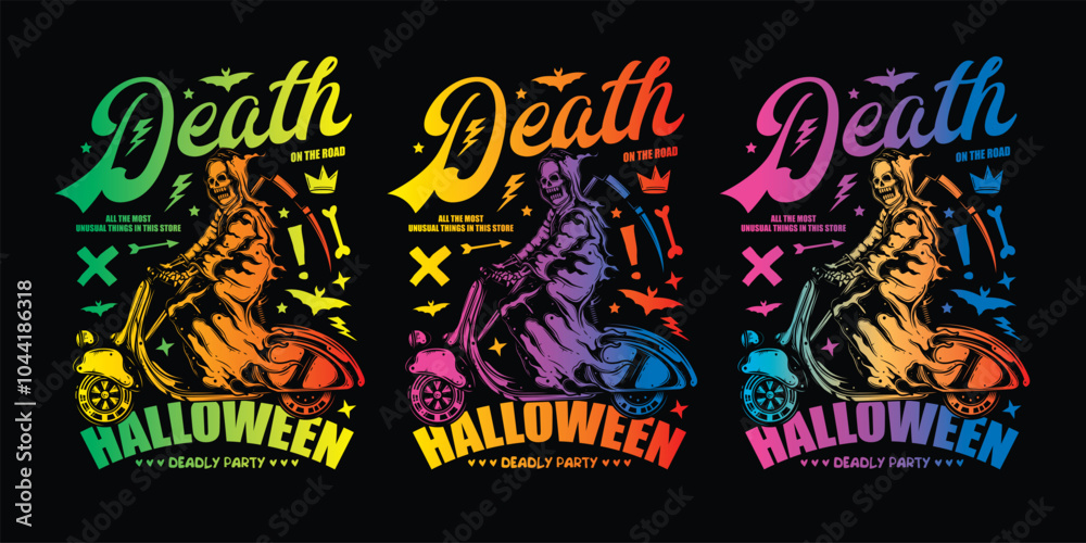 Fototapeta premium Death on a Scooter. Halloween Poster. Original vector illustration in vintage style. T-shirt design.