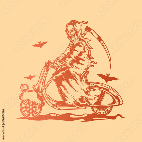 Death on a Scooter. Halloween Poster. Original vector illustration in vintage style. T-shirt design. photo