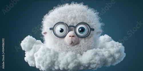 Banner displaying quirky fluffy white fantasy sheep glasses floating amidst teal background, exudes whimsy, imagination capturing childlike wonder curious image. photo