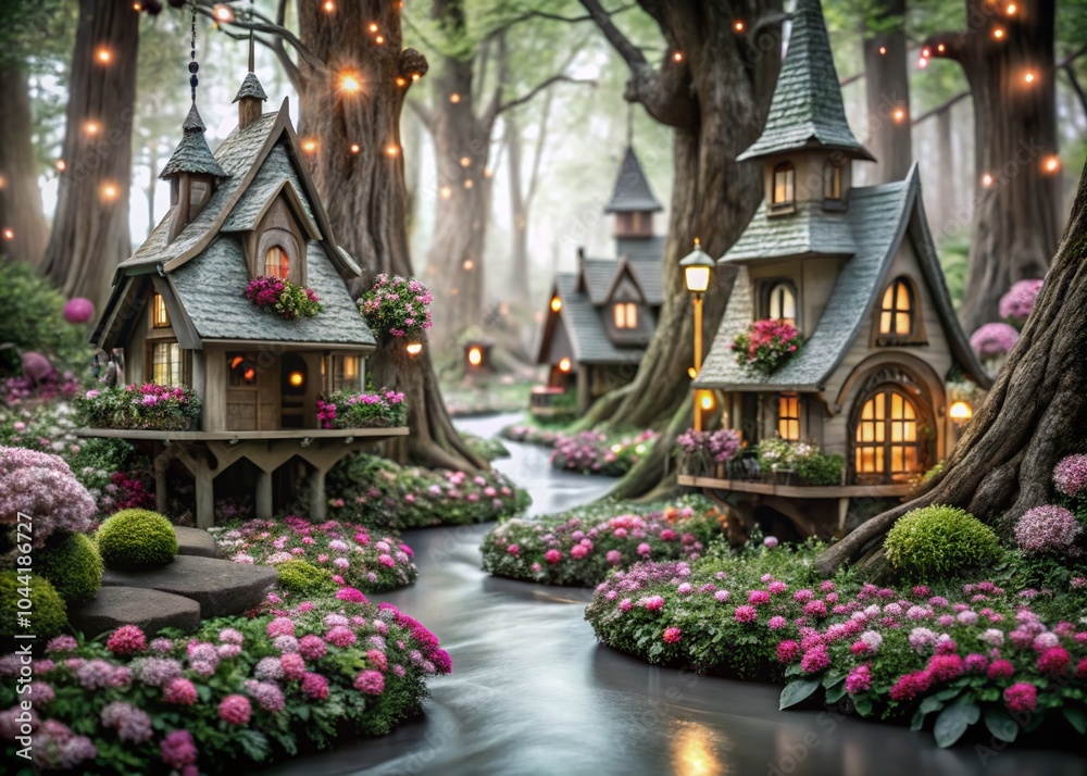 Fototapeta premium Enchanted Elf Village Background with Lush Forest and Mystical Elements