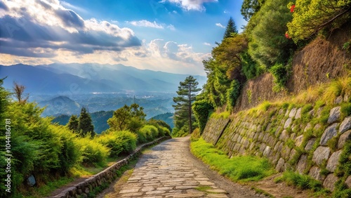 Scenic view of the downhill path leading to South Entry of Magome Nakasendo Trail in Japan, featuring minimalist design and natural beauty photo