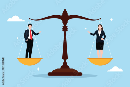 Establishment of equal rights for men and women in the field of employment balance equal scale. Gender equality. Fair rights at work. Justice or law. Non-gender discrimination of corporate employees.