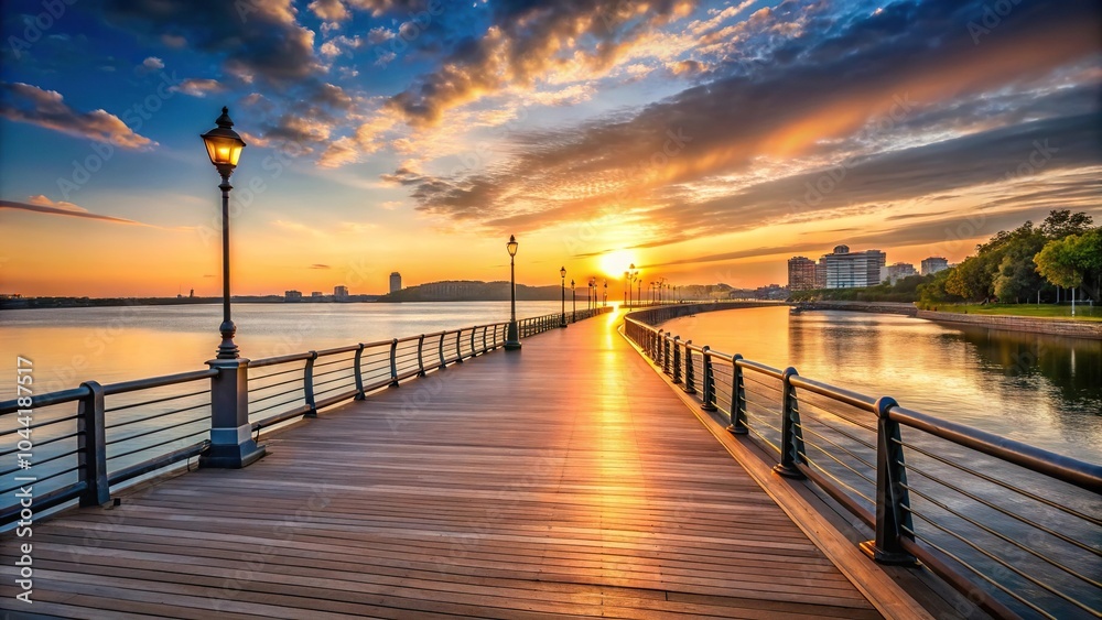 Fototapeta premium Scenic view of the river promenade and wharf during sunrise