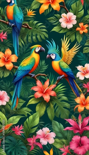 Tropical exotic pattern with animal and flowers in bright colors and lush vegetation