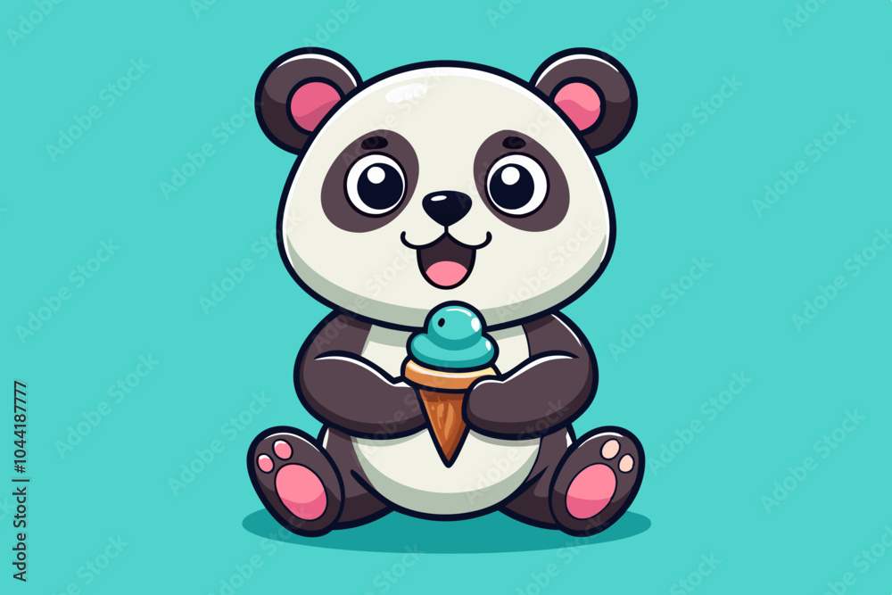 Naklejka premium Cute panda eating ice cream vector art illustration